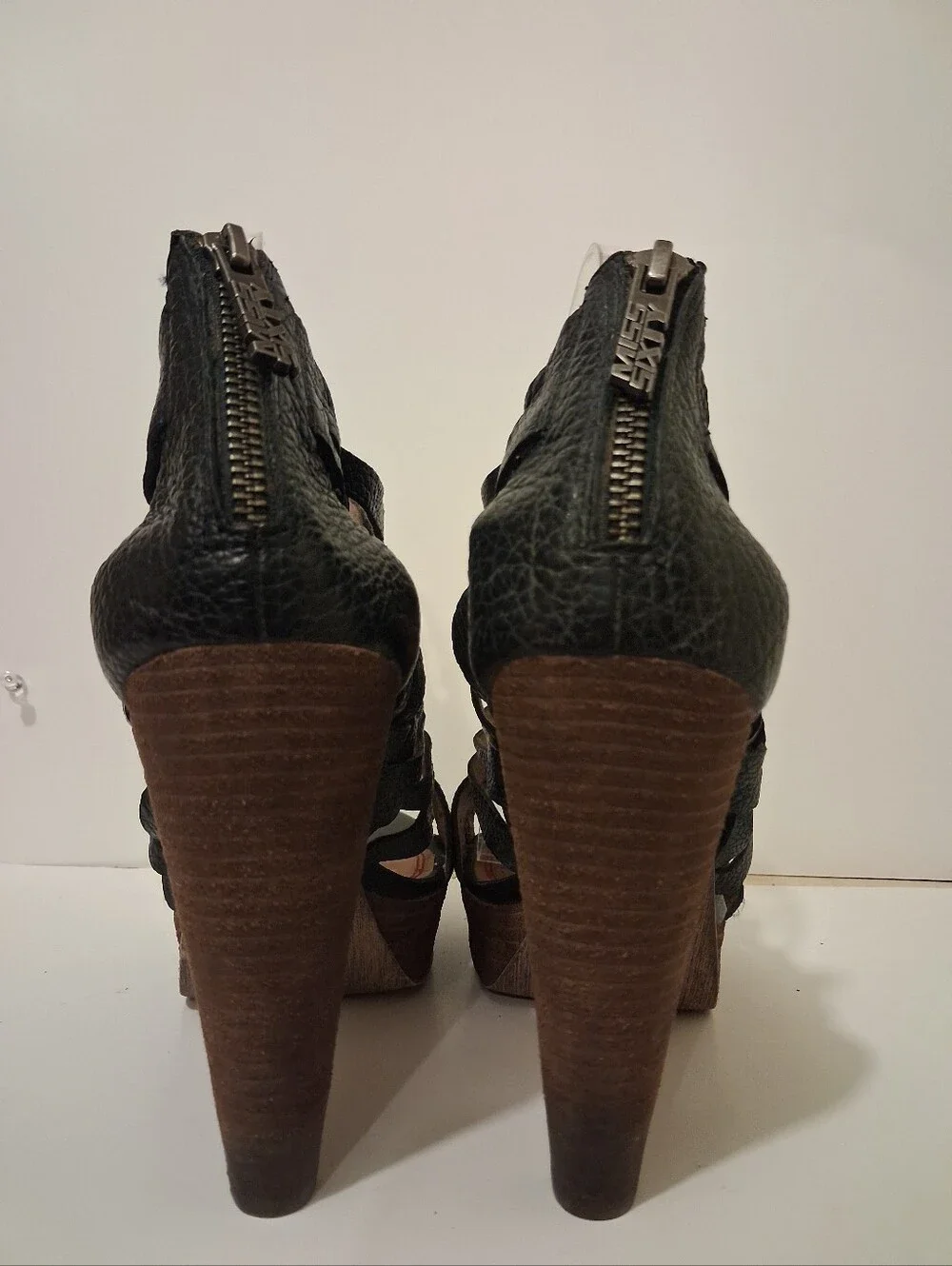 Miss Sixty Black Leather Cage Strappy Wood Platform Heels Sz 41